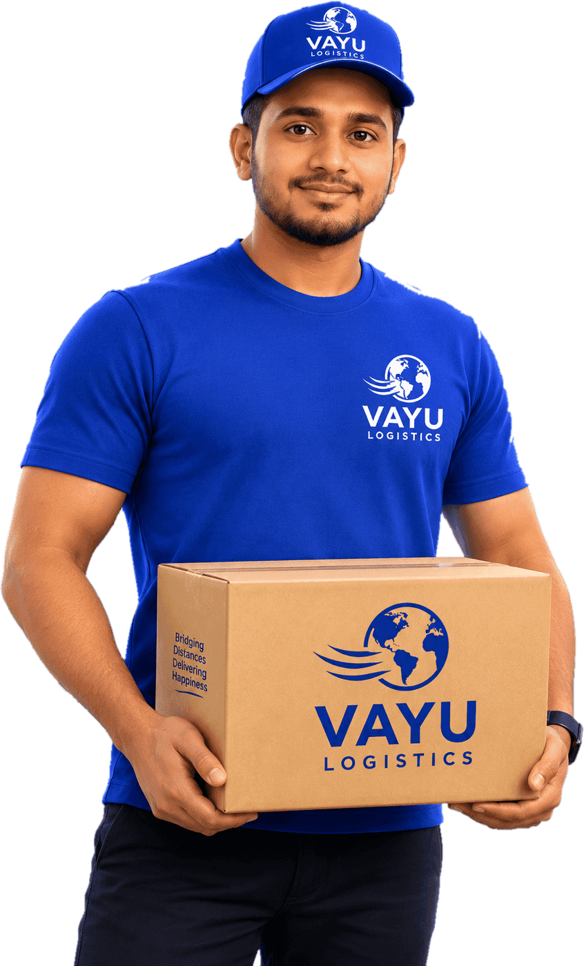 Vayu Logistics courier holding a Vayu-branded parcel